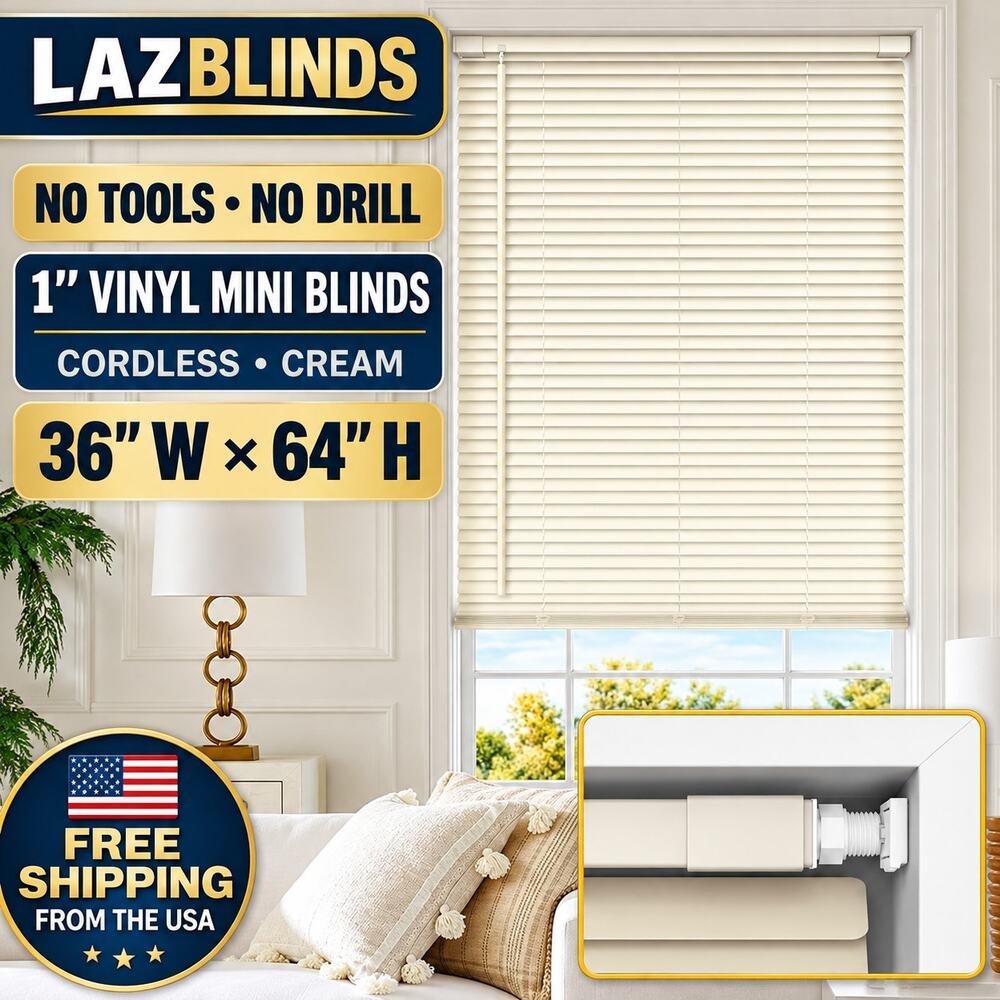 36" W X 64" H LazBlinds No Tools No Drill 1" Vinyl Mini Blinds, Cordless, Cream